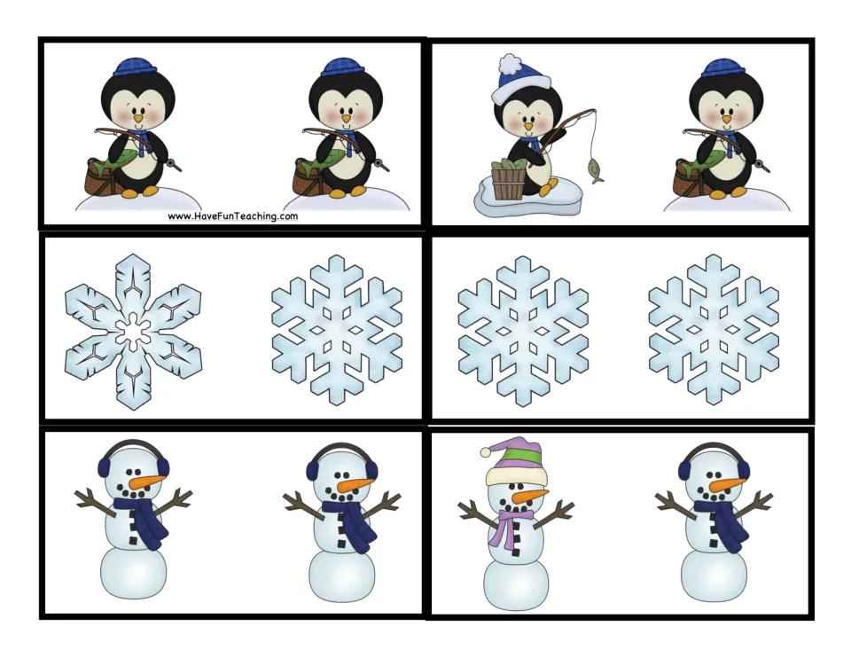 Picture sorting cards 7–12 of 24: matching and different pairs of fishing penguins, snowflakes, and snowmen