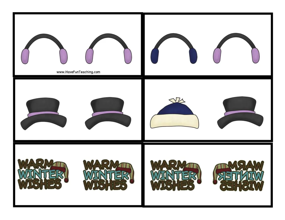Picture sorting cards 13–18 of 24: earmuffs, hats, and “Warm Winter Wishes” pairs, including mirrored text