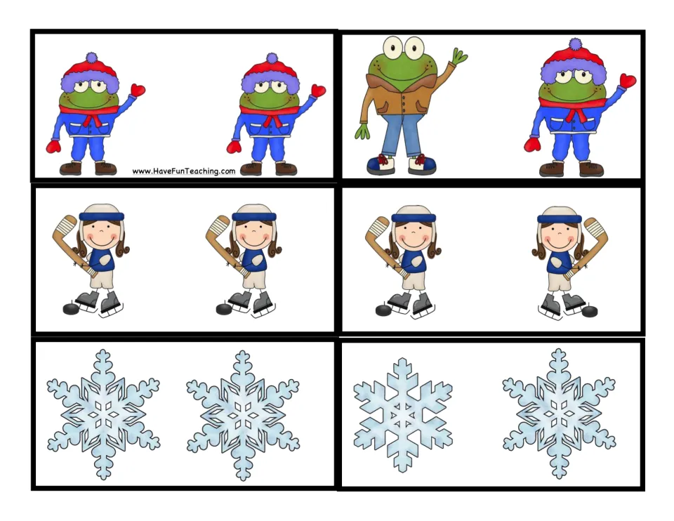 Picture sorting cards 19–24 of 24: frogs, hockey players, and snowflakes in matching and different pairs