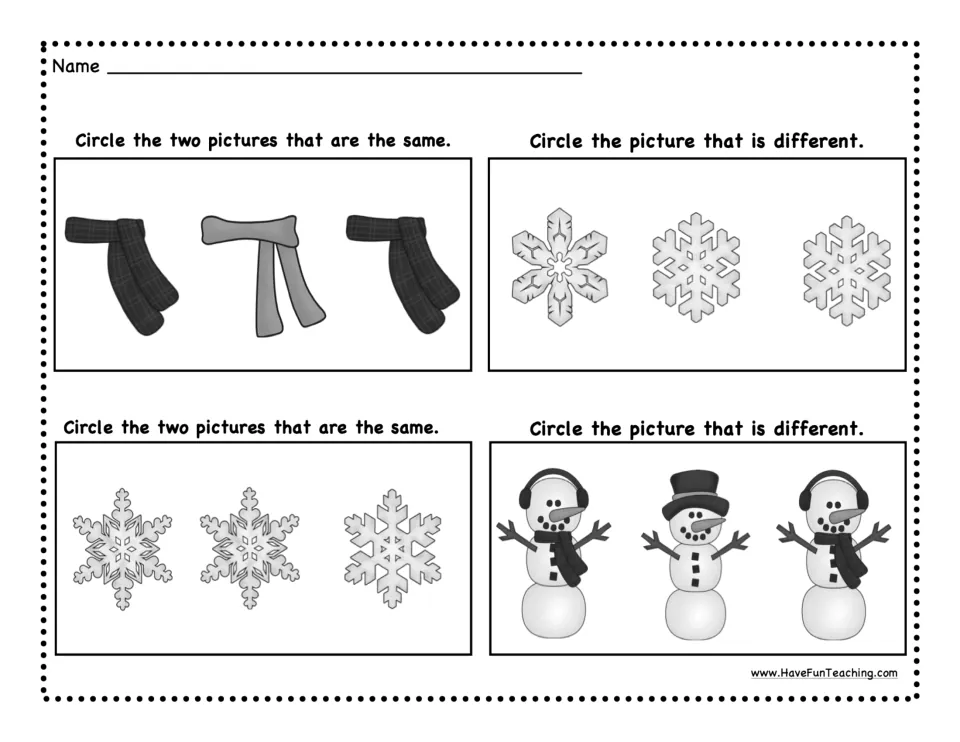 Follow-up worksheet: circle matching scarves and snowflakes, then identify different snowflakes and a snowman