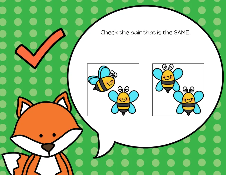 Matching-pair slide 1: choose the bees that are the same from a pair in different poses and a matching pair.