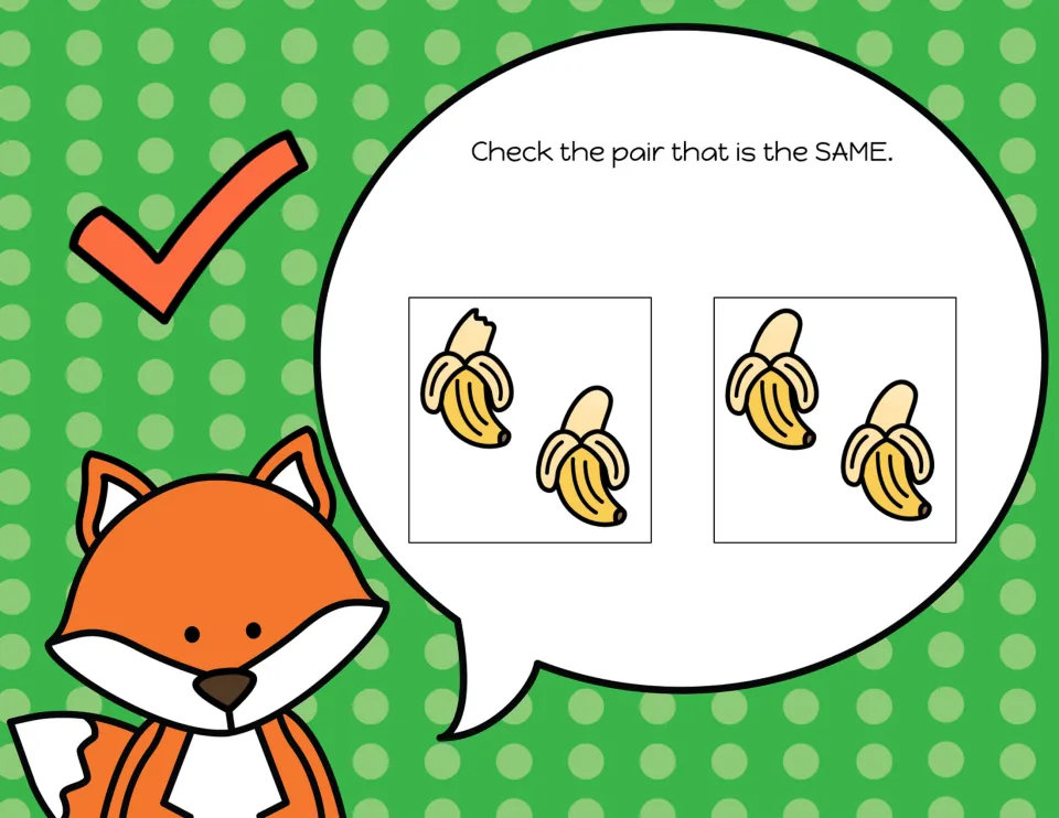 Matching-pair slide 2: choose the bananas that are the same; one pair includes a banana with a bite missing.