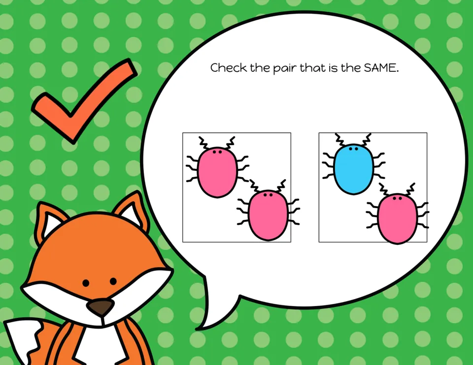 Matching-pair slide 3: choose the bugs that are the same from two pink bugs or a blue bug and a pink bug.