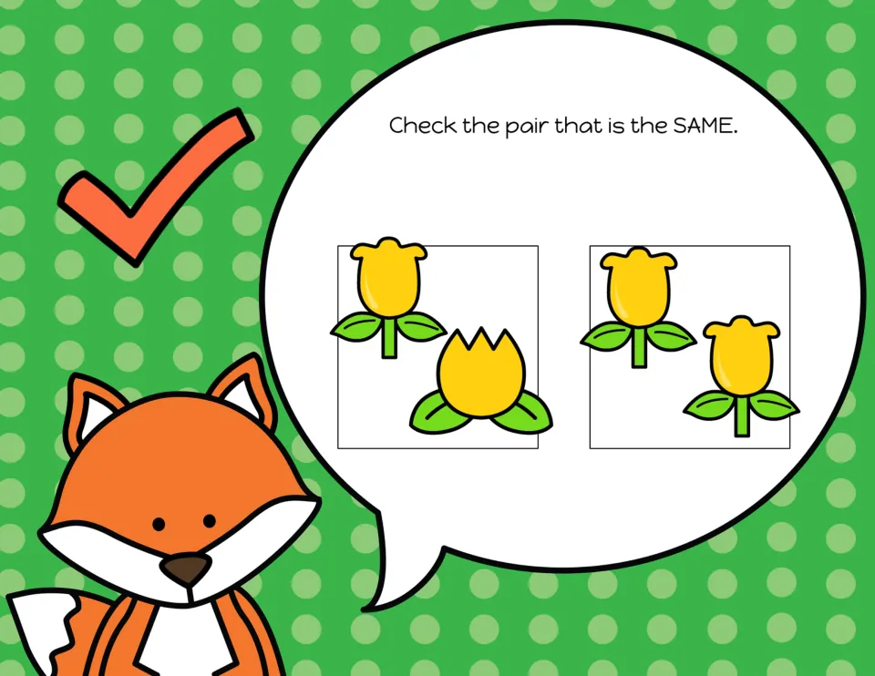 Matching-pair slide 5: choose the yellow flowers that are the same from matching blooms or different shapes.