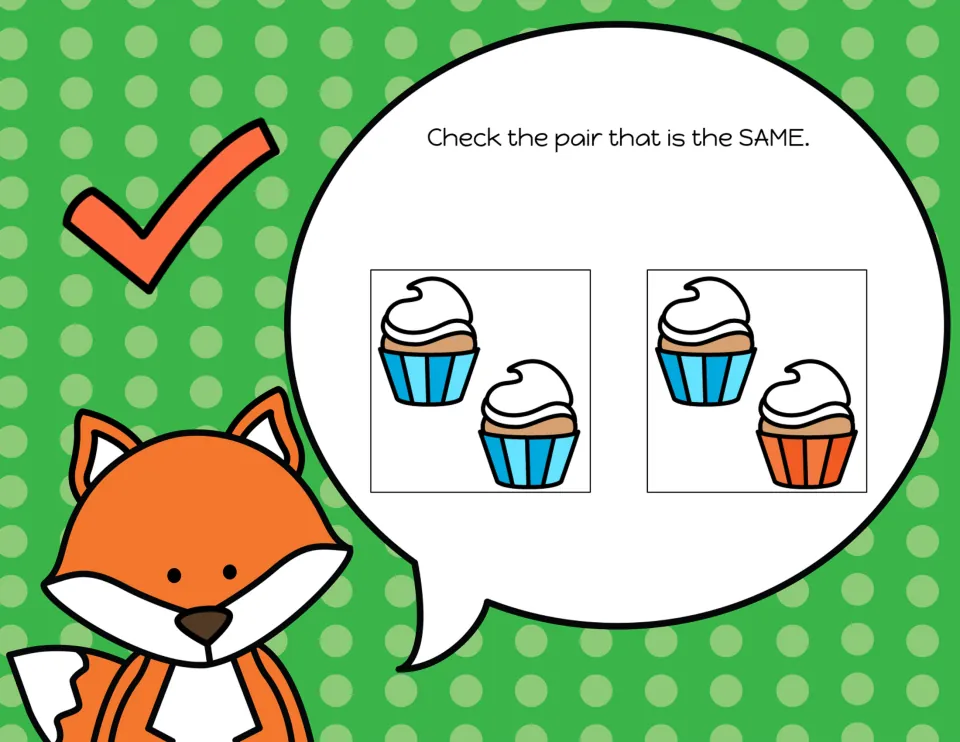Matching-pair slide 6: choose the cupcakes that are the same from blue wrappers or blue and orange wrappers.