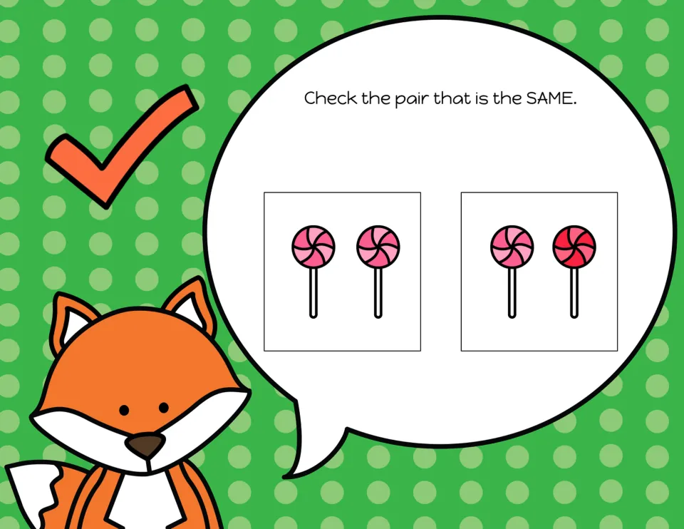 Matching-pair slide 7: choose the lollipops that are the same from two pink ones or a pink and a red one.