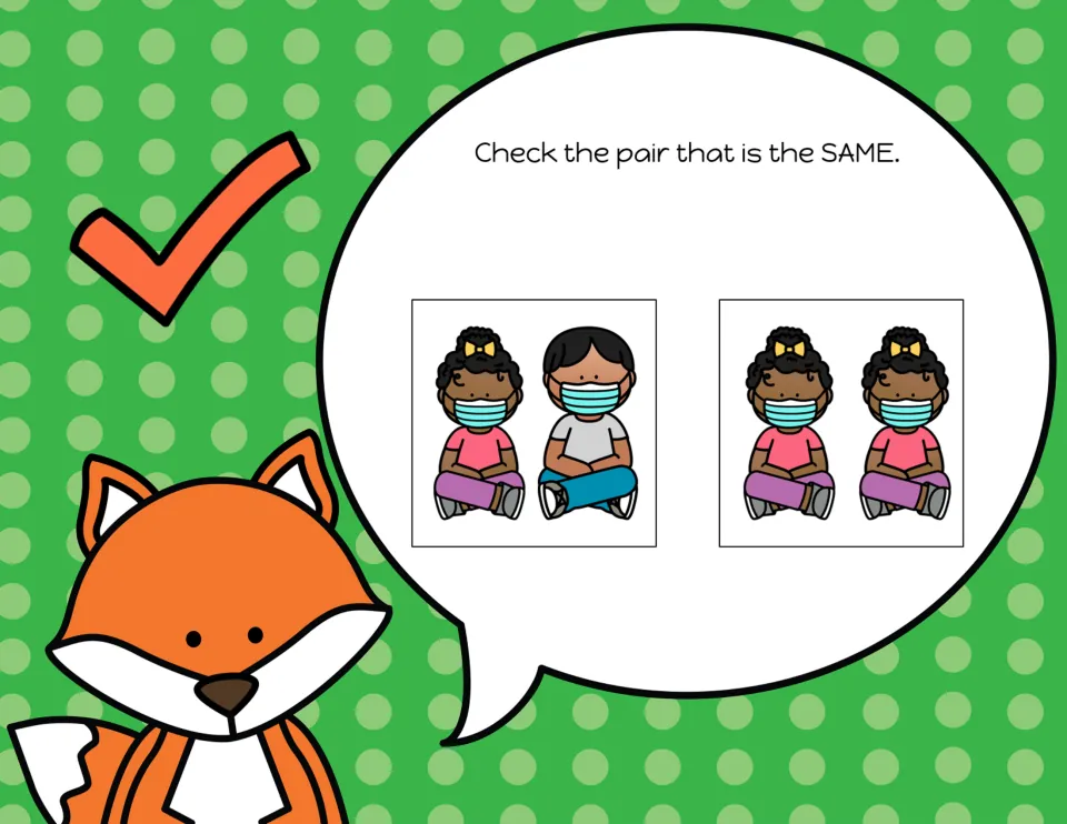 Matching-pair slide 8: choose the seated, masked children that are the same from two different or matching images.