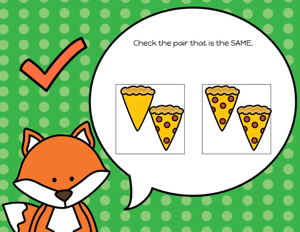 Matching-pair slide 9: choose the pizza slices that are the same from matching toppings or plain and topped.