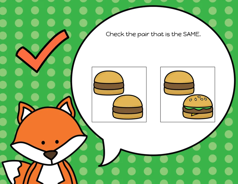 Matching-pair slide 10: choose the burgers that are the same from two plain burgers or burgers with different toppings.