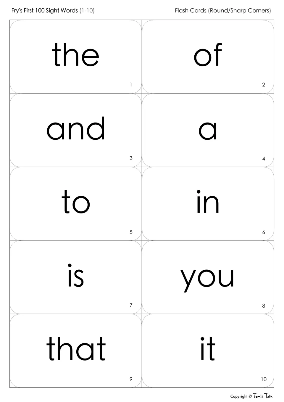 Fry's first 100 sight words 1-10: ten cut-apart flash cards for the, of, and, a, to, in, is, you, that and it