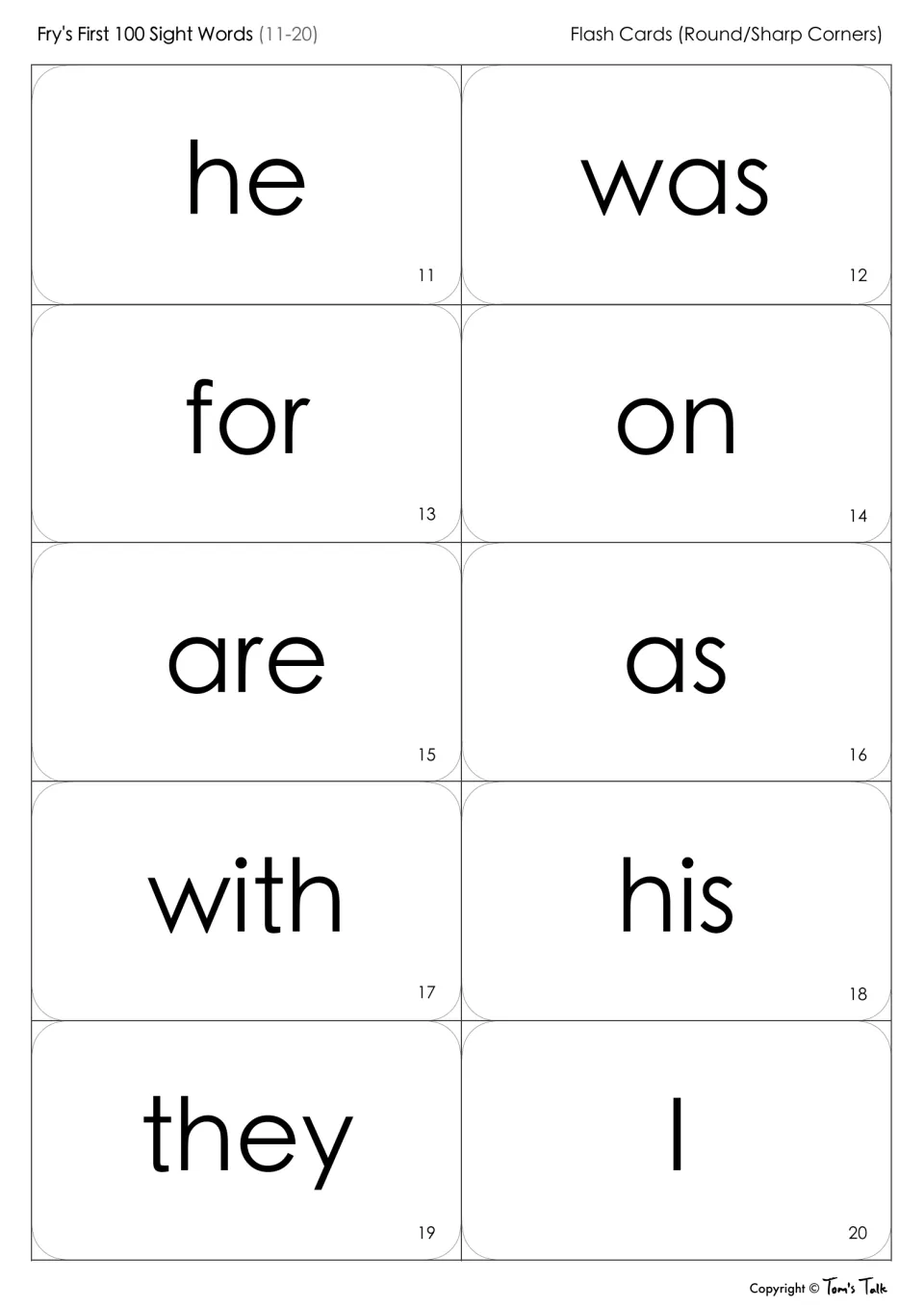 Fry's sight words 11-20 flash cards for word recognition: he, was, for, on, are, as, with, his, they and I