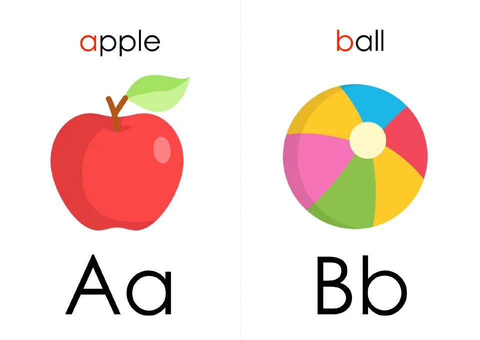Letter flash cards Aa and Bb: apple and ball pictures with the first letter in red to practise initial letter sounds