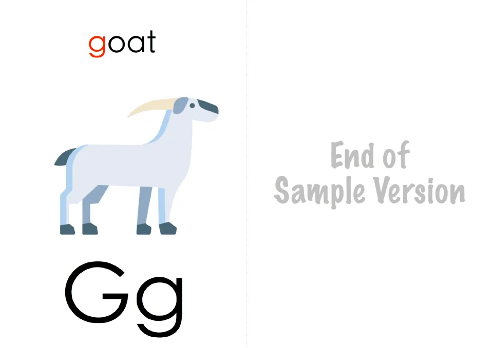 Letter flash card Gg for the beginning g sound: a goat picture, beside a note reading End of Sample Version