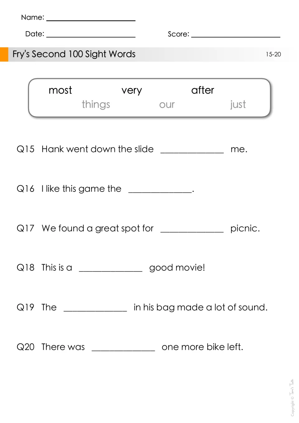 Sight word cloze Q15-20: students fill six sentences using most, very, after, things, our or just from the word bank