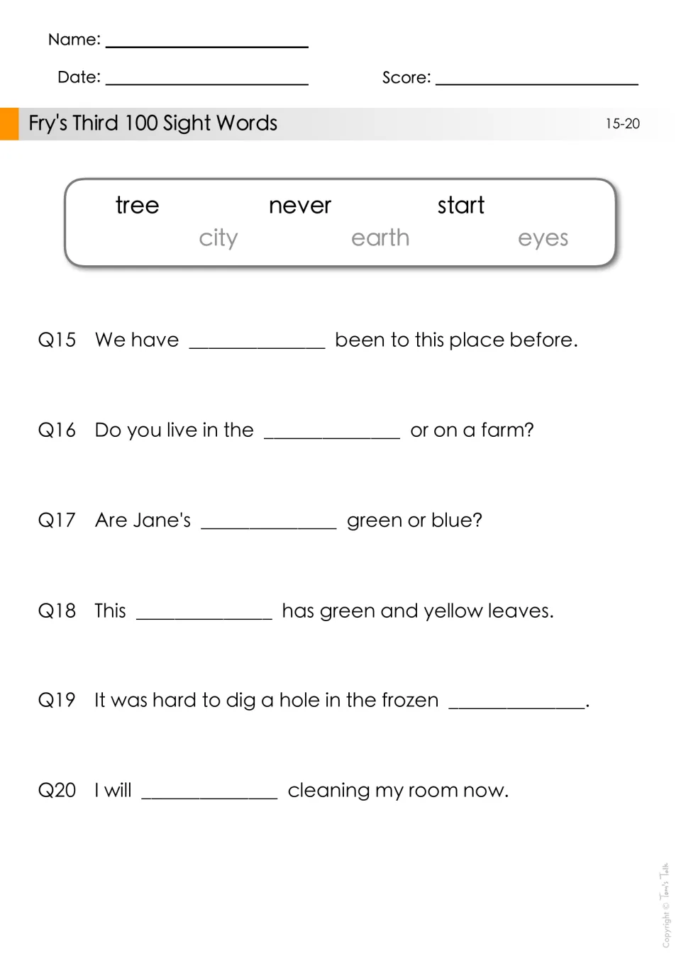 Sight word fill-in-the-blank practice, questions 15–20: tree, never, start, city, earth, and eyes.