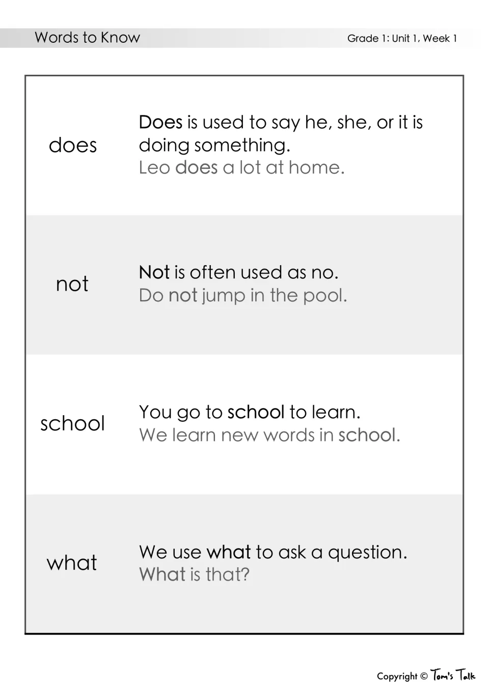 Vocabulary reference for Unit 1, Week 1: does, not, school, and what, with definitions and example sentences