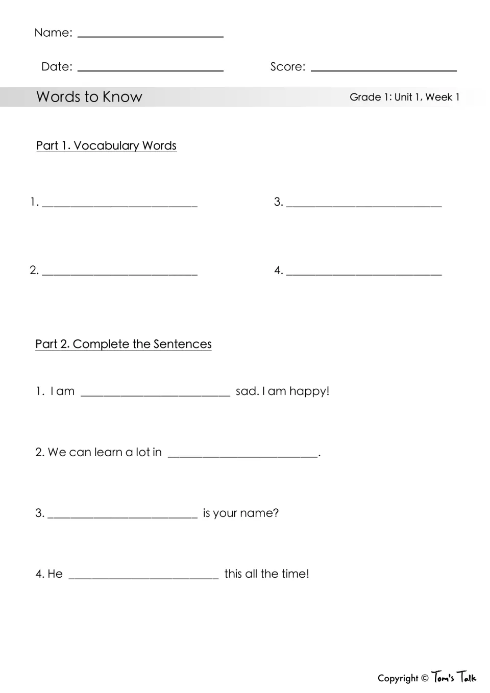 Vocabulary test for Unit 1, Week 1: write four words and complete sentences about feelings, school, and names