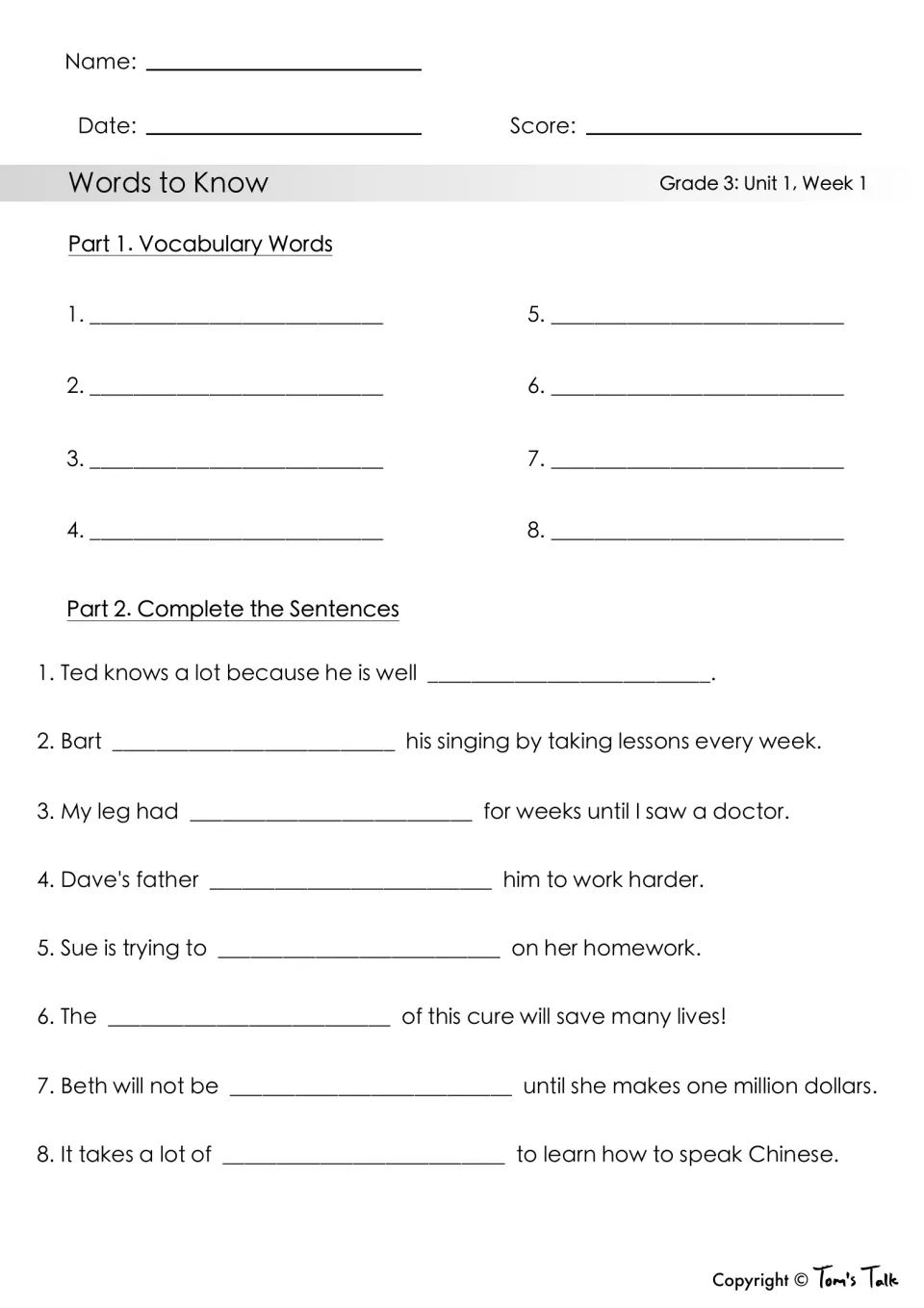 Unit 1 vocabulary check: students write the eight words, then use context clues to fill a blank in each of eight sentences