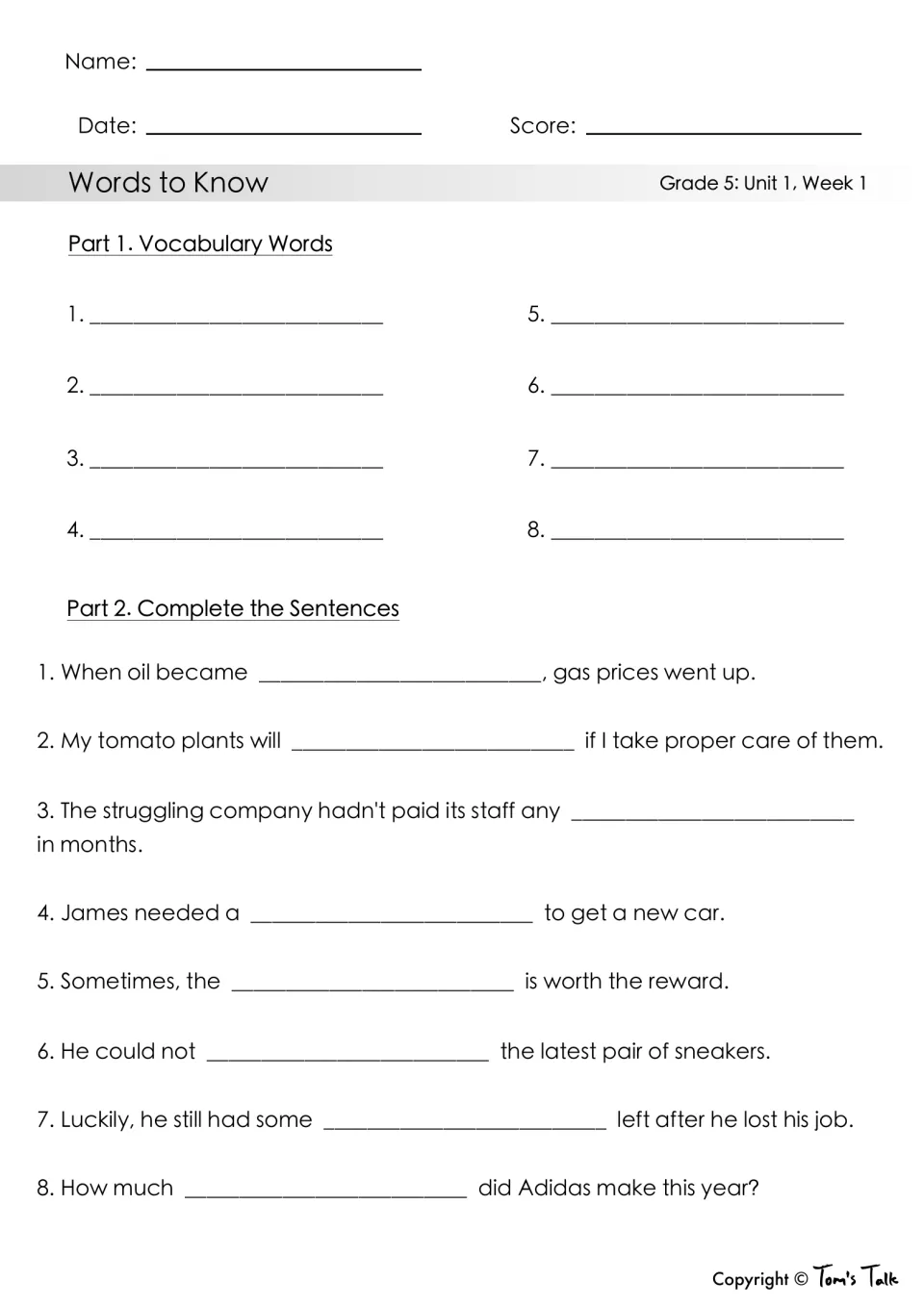 Words to Know quiz: students write the 8 vocabulary words, then complete 8 cloze sentences on money, jobs and business