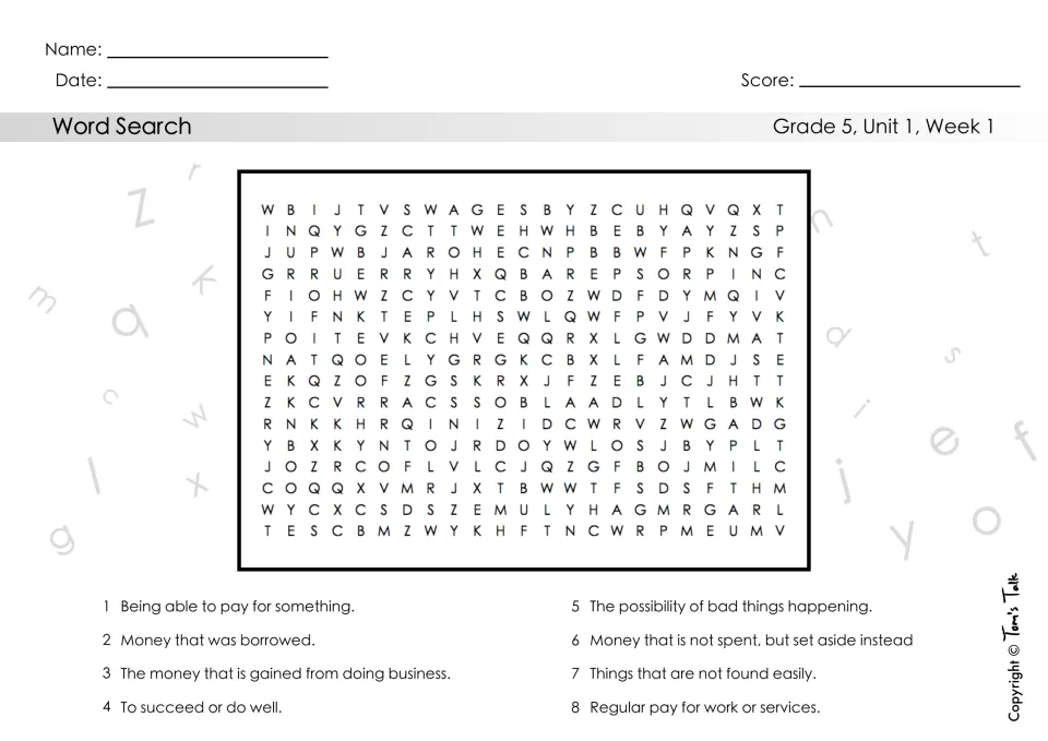 Vocabulary word search: students find the 8 Unit 1 Week 1 words in a puzzle using clues like 'Money that was borrowed'