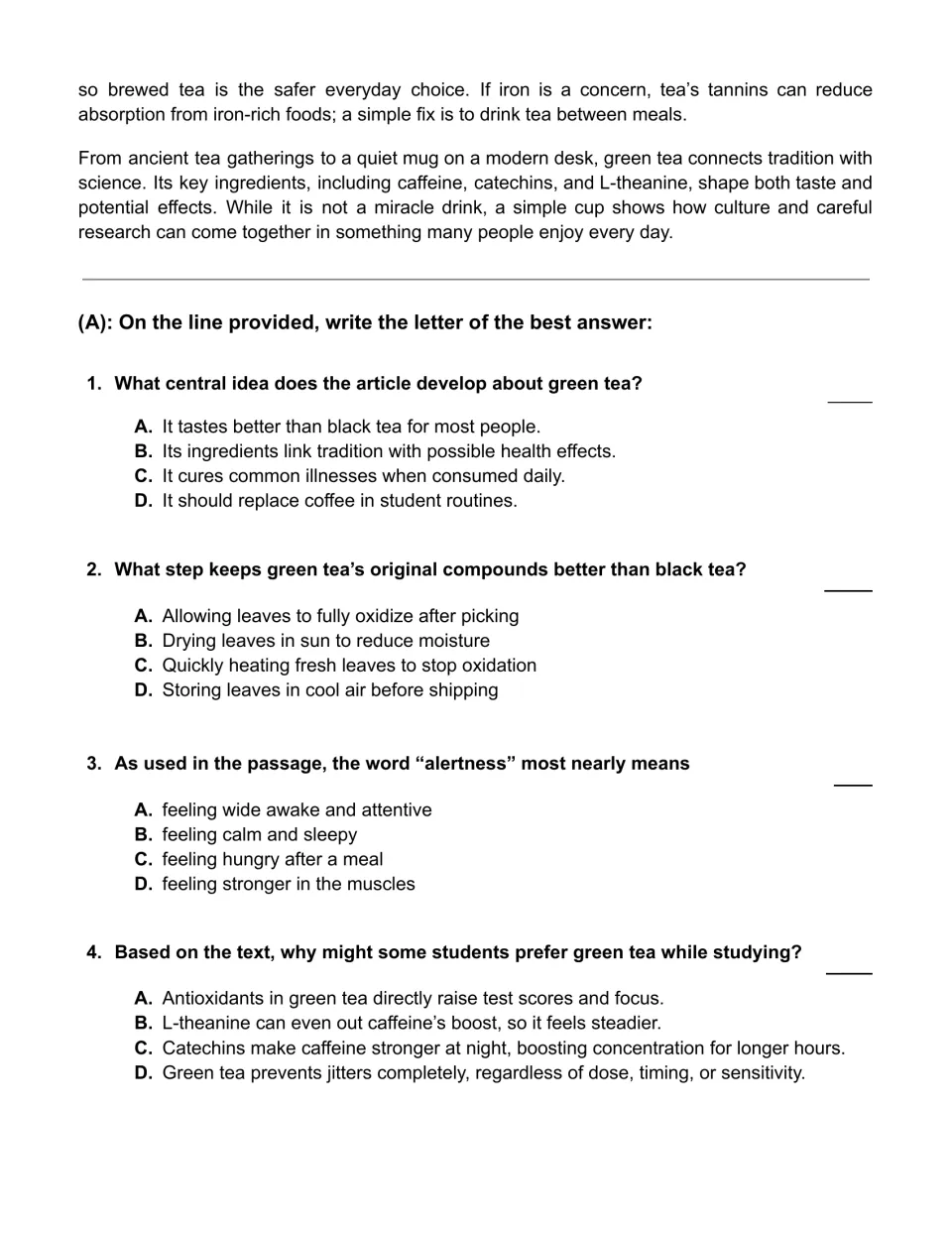 Green tea passage conclusion and questions 1–4 on central idea, processing, alertness, and studying.