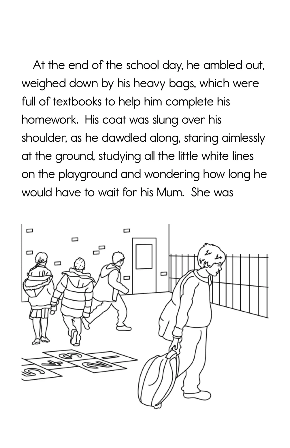 Story page 6 follows Sam leaving school with heavy bags and waiting for his mom, illustrated in the playground.