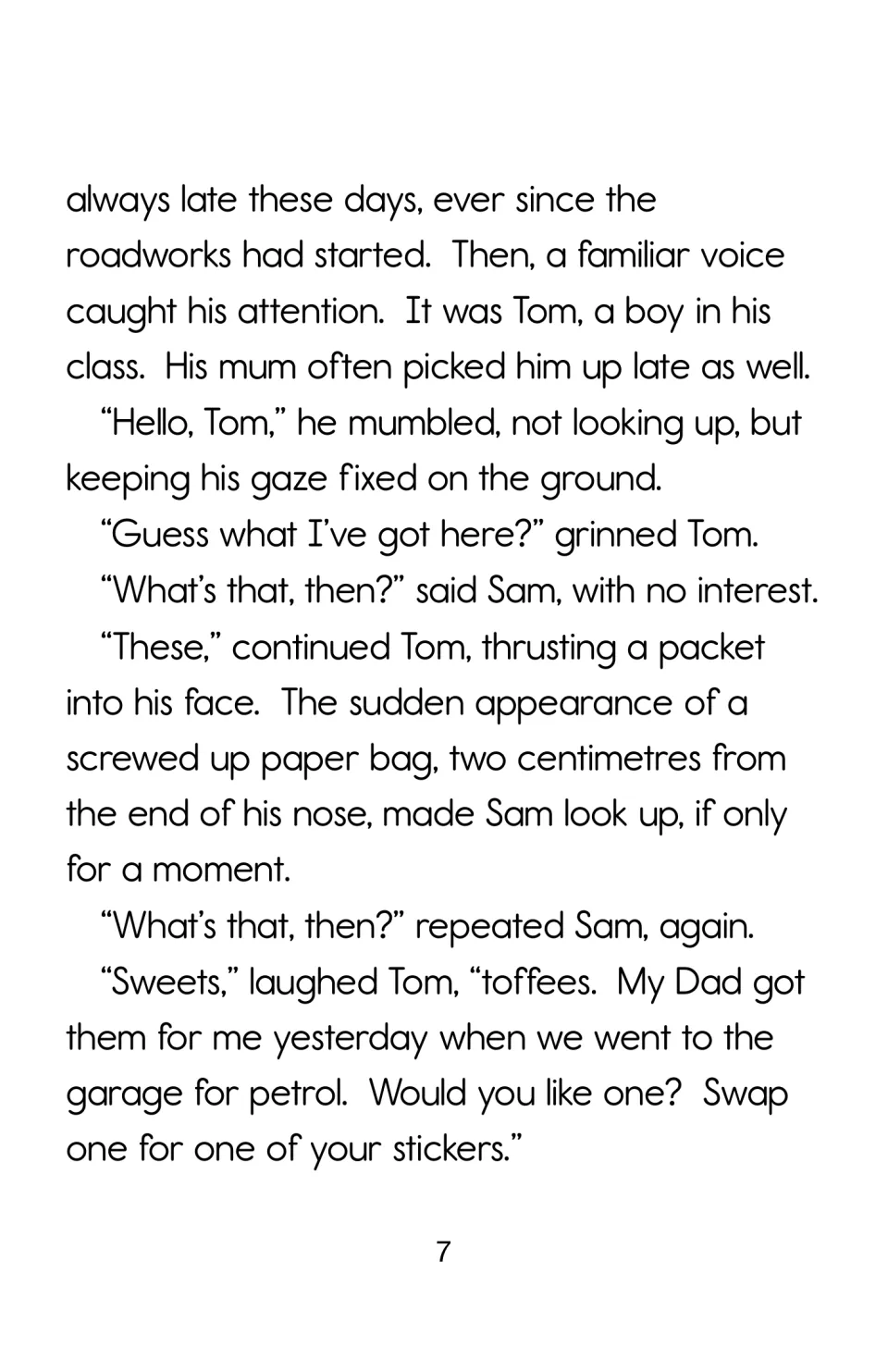 Story page 7 introduces Tom, who offers Sam a toffee from his bag of candy in exchange for a sticker.