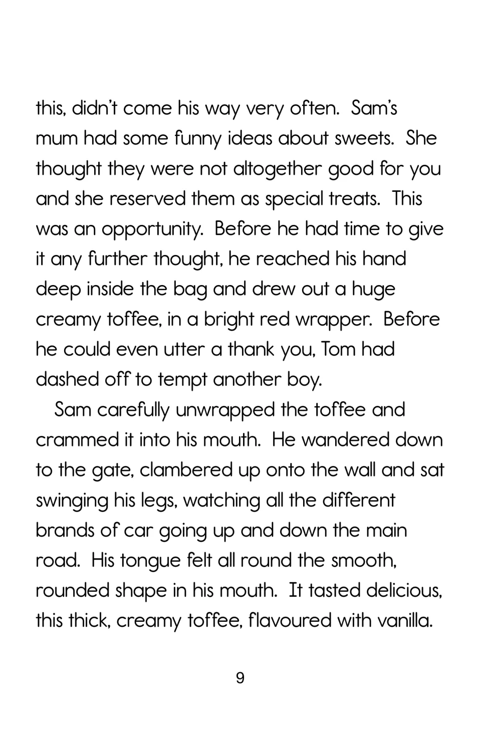 Story page 9 follows Sam taking a toffee in a red wrapper, eating it, and sitting on a wall near the gate.