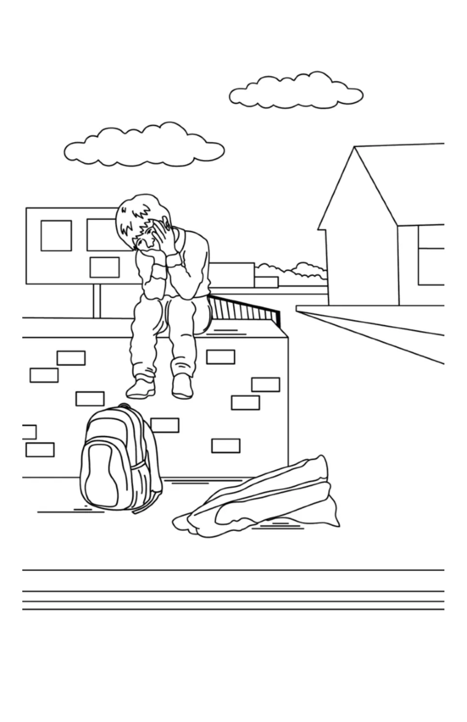 Story illustration on page 10 shows Sam sitting on a wall with his hands against his face and his bag below.