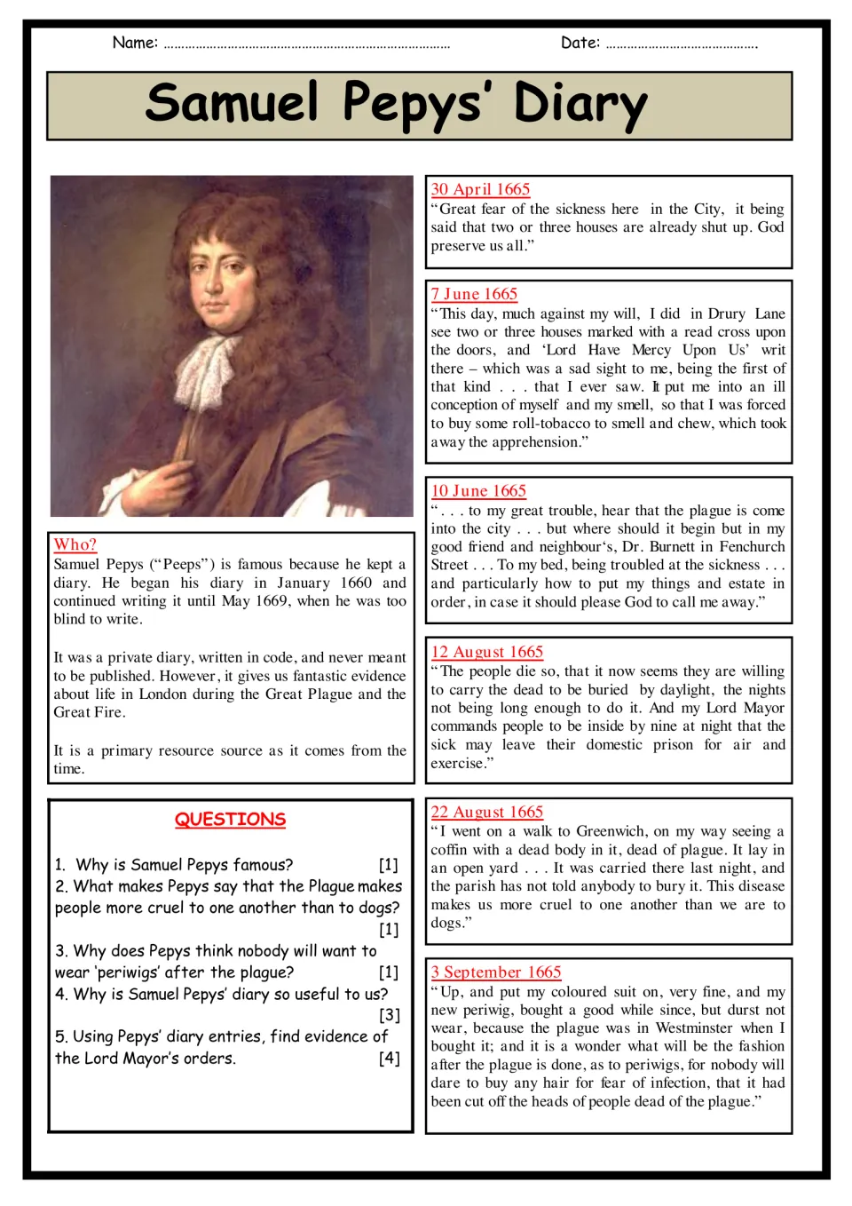 Samuel Pepys' diary entries from 1665 on the Great Plague; students answer 5 questions using the primary source