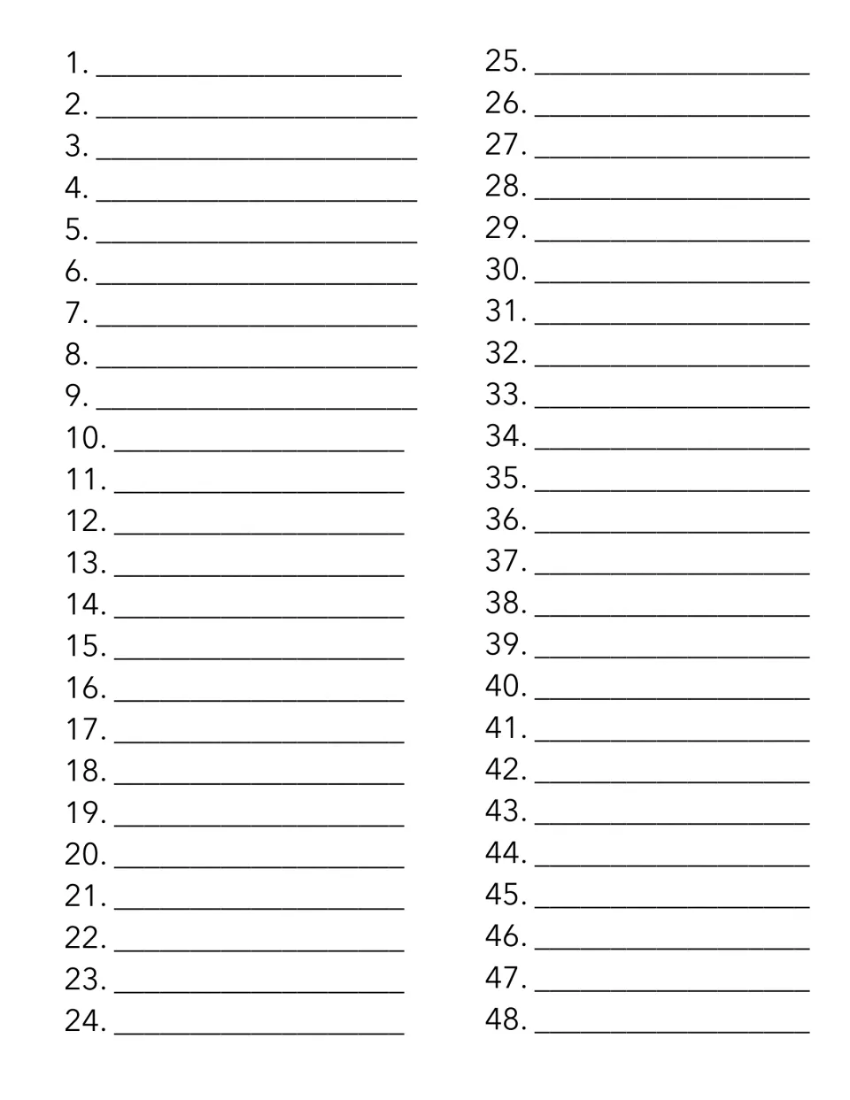 Response sheet for writing the 48 San Francisco neighborhood names in alphabetical order, numbered 1–48