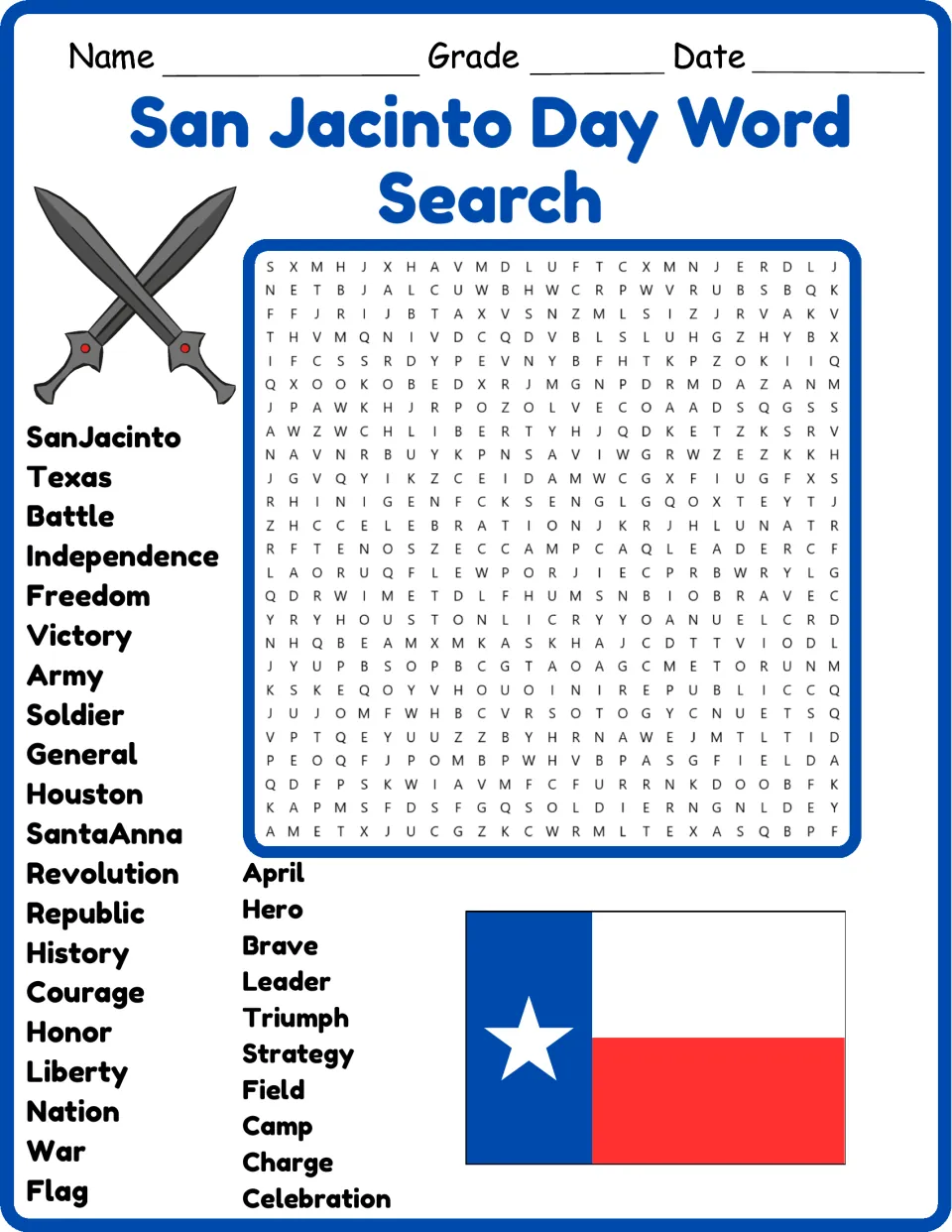 San Jacinto Day word search in color: students find 30 words such as Houston, Santa Anna, Texas and Victory in the puzzle