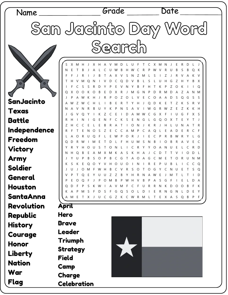 Grayscale San Jacinto vocabulary hunt: students locate Battle, Independence, Revolution, Republic and 26 more hidden words