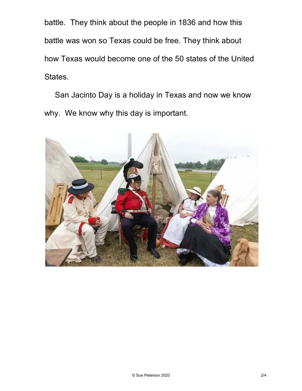 Reading passage, part 2: remembering the battle, Texas becoming a state, and a photo of reenactors