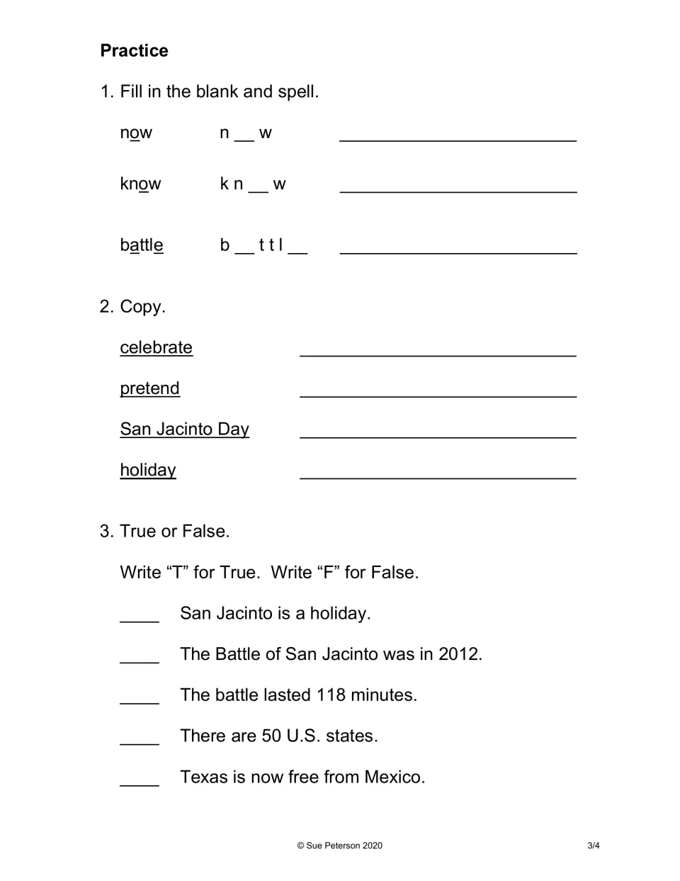 Practice page: spelling now, know, and battle; copying four terms; and five true-or-false statements