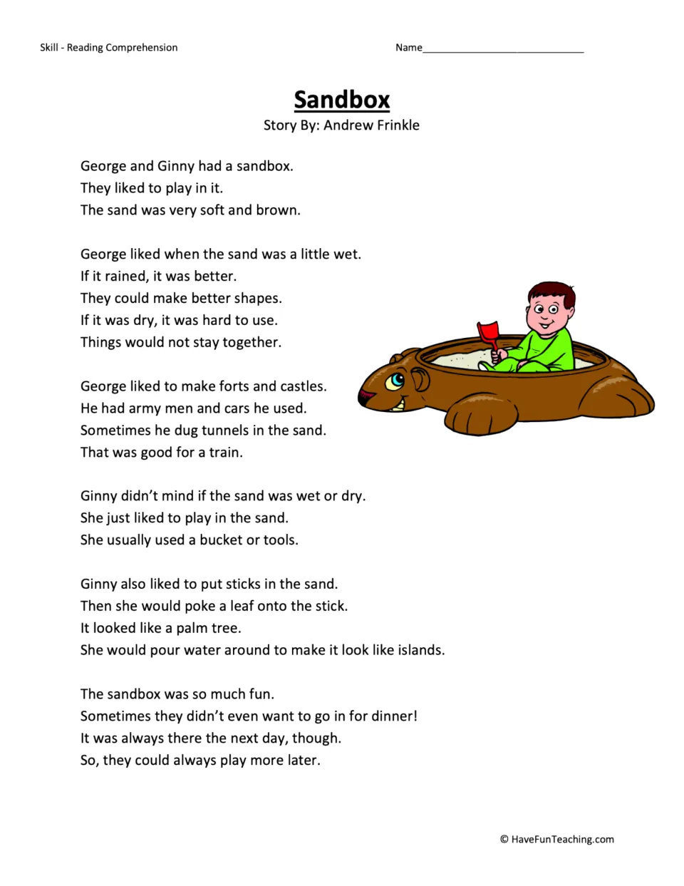Sandbox story: students read about George and Ginny building forts, castles and islands in their sandbox