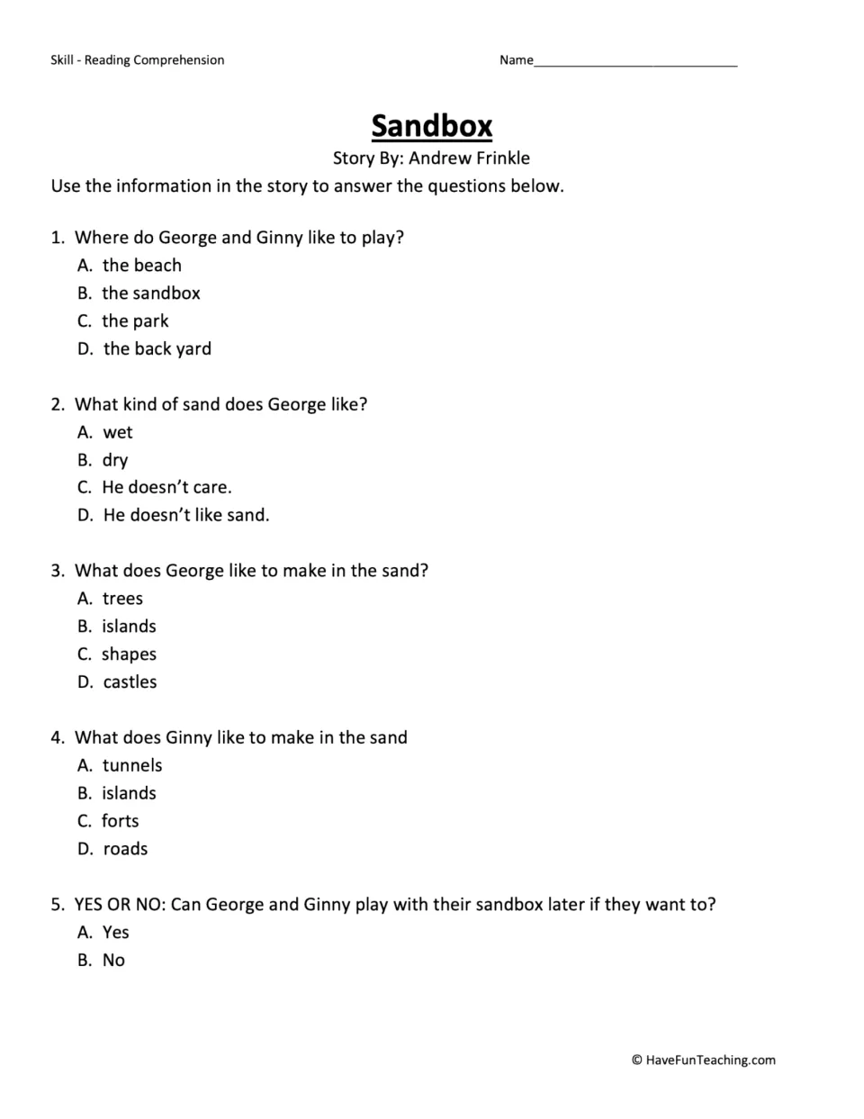 Sandbox reading questions: students answer 5 multiple-choice items on where George and Ginny play and what they build