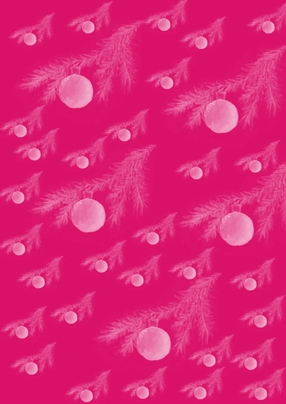 Christmas digital paper with pale pink evergreen branches and round ornaments on a bright pink background