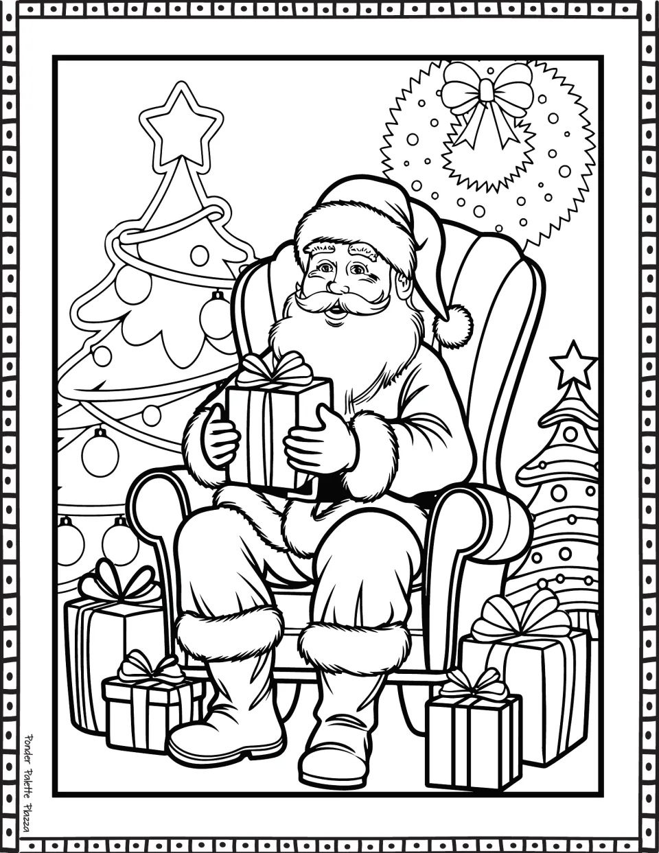 Santa Claus coloring page: Santa sits in an armchair holding a wrapped gift beside a Christmas tree.