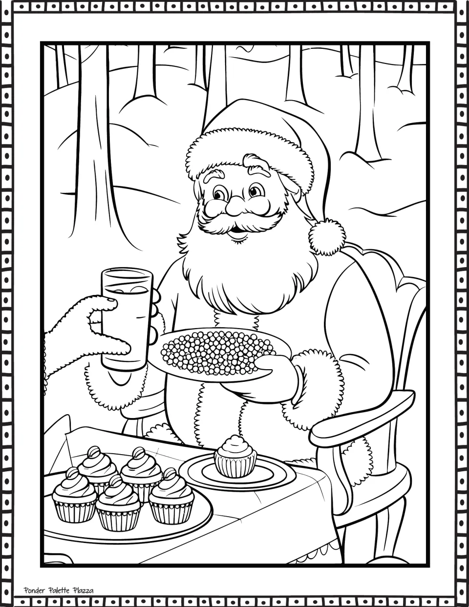 Santa Claus coloring page: seated Santa holds a plate of small treats beside a glass and frosted cupcakes.