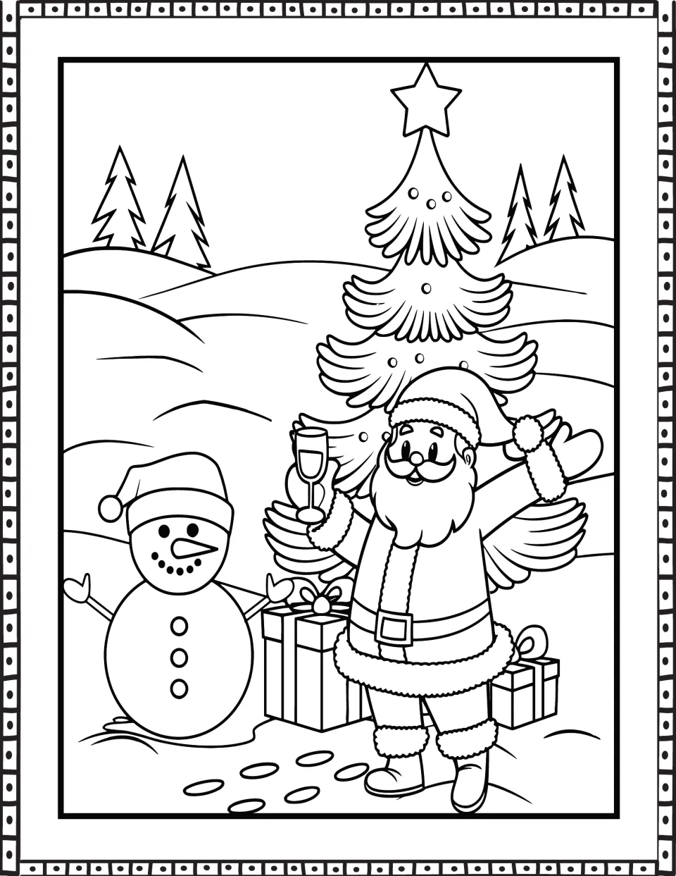 Santa Claus coloring page: Santa raises a stemmed glass beside a snowman, Christmas tree, and presents.