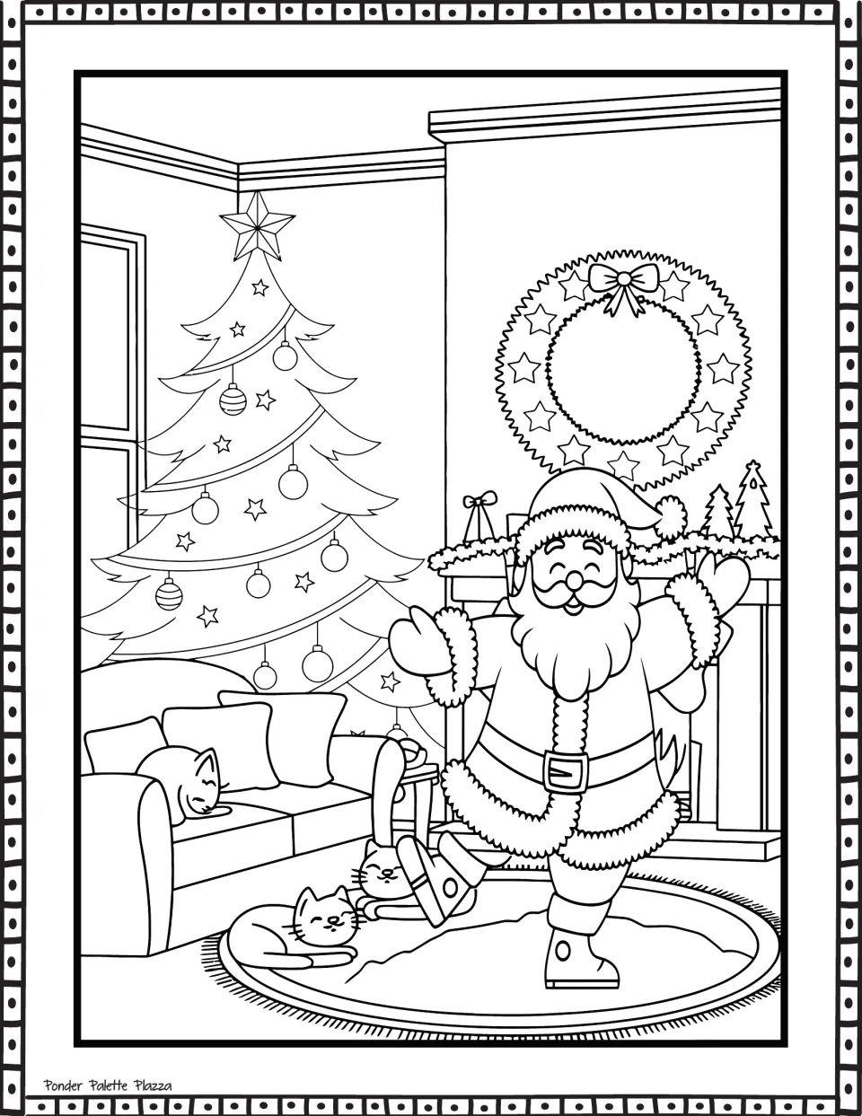 Santa Claus coloring page: Santa lifts one foot near three cats, a Christmas tree, and a fireplace.
