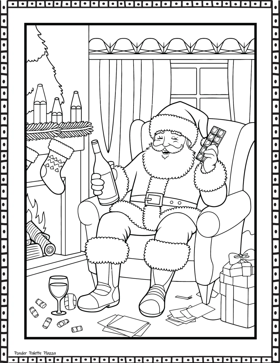Santa Claus coloring page: Santa relaxes in an armchair holding a bottle and chocolate bar by the fire.