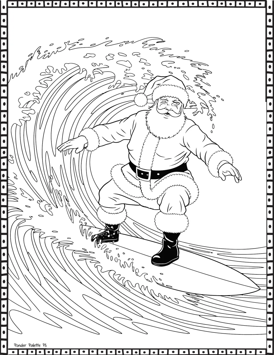Santa Claus coloring page: Santa balances on a surfboard in his hat, suit, and boots amid curling waves.
