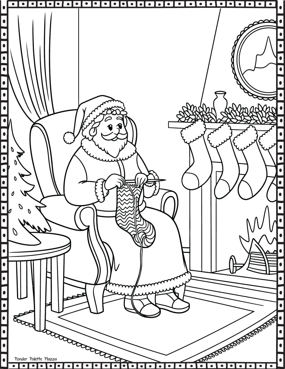 Christmas coloring page: a bearded figure in a Santa hat knits beside a fireplace hung with stockings.