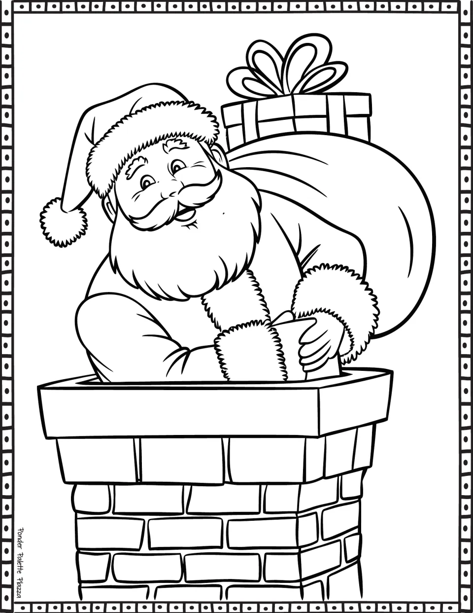 Christmas coloring page featuring Santa in a brick chimney, carrying a large sack topped by a wrapped gift