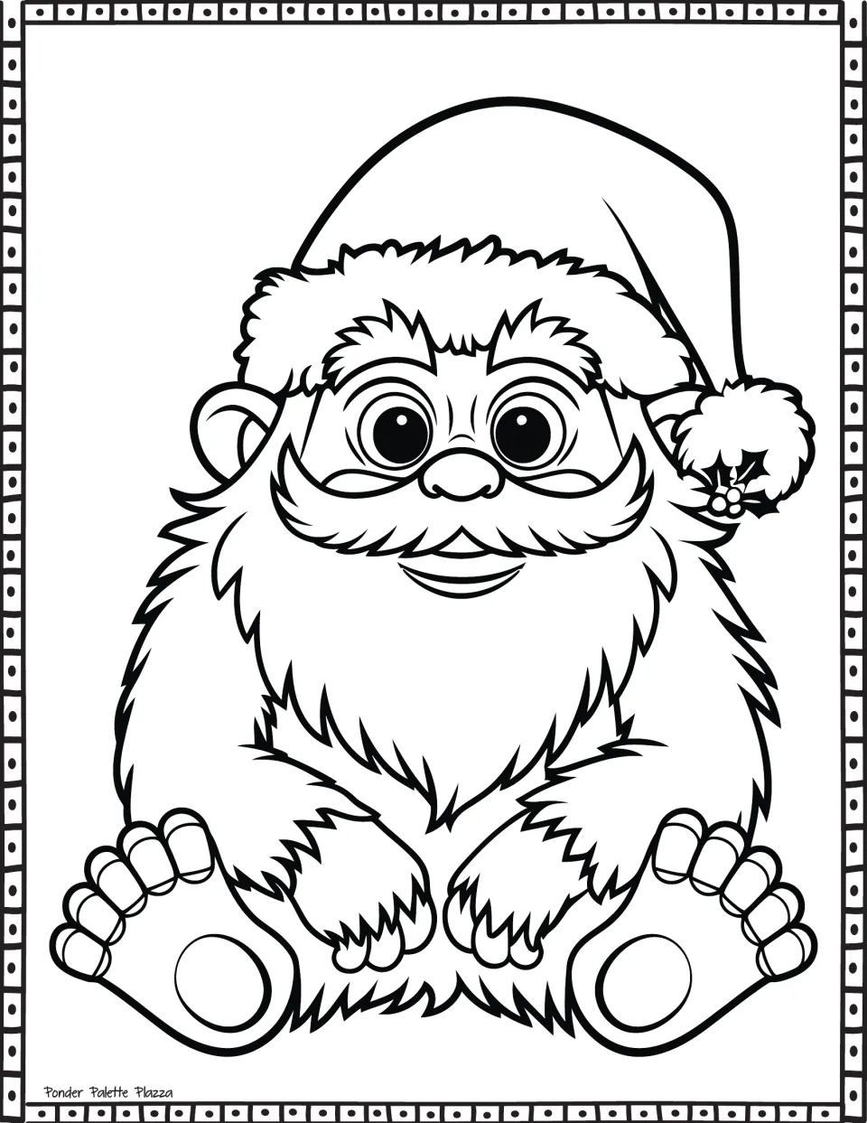 Christmas coloring page featuring a seated furry character wearing a Santa hat, with a beard and large feet