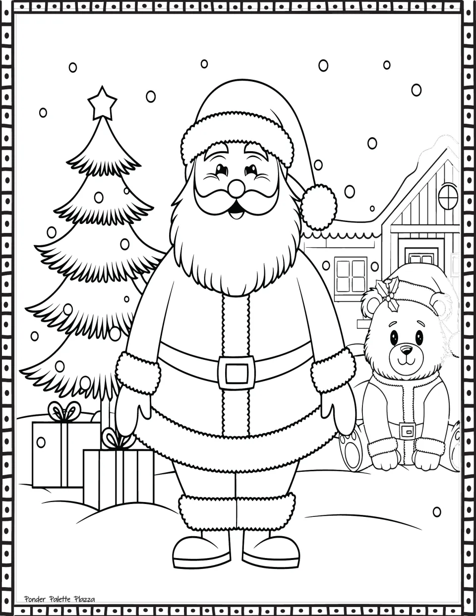 Christmas coloring page featuring Santa standing beside gifts, a tree, and a teddy bear dressed as Santa