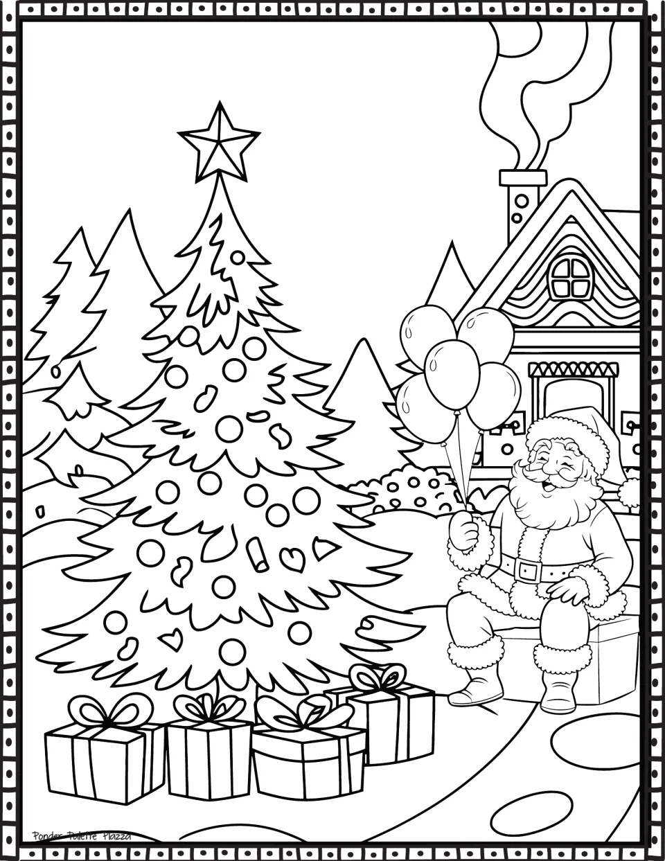 Christmas coloring page featuring Santa holding balloons beside a decorated tree, wrapped gifts, and a house