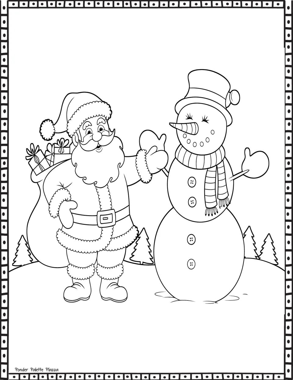 Christmas coloring page featuring Santa carrying a gift sack beside a snowman wearing a top hat and scarf